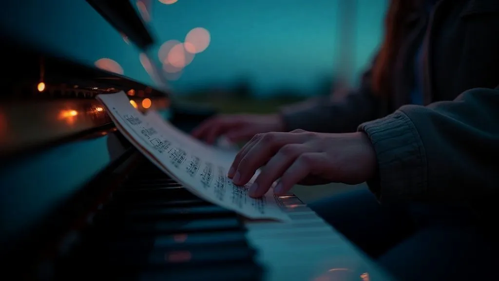 Musical notes transforming into visible sound waves